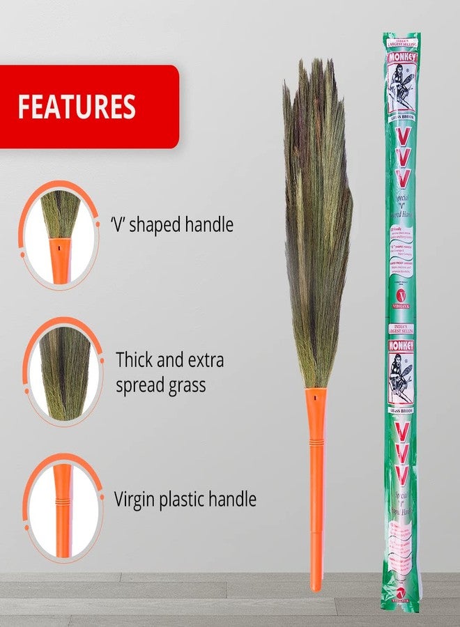 Monkey 555 VVV V-Shaped Grass Broom - Pack of 2 | Natural Garo-Hill Grass | Thick & Tall | Sleek Virgin Plastic Handle | Fast, Eco-Friendly Sweeping| Unique V Shape Handle Spreads Grass Evenly - Image 2